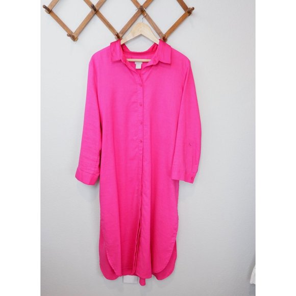 Chico's Womens Pink Linen Blend Satin Collared & Belted Long Tunic Blouse, 16/18 - Picture 2 of 13